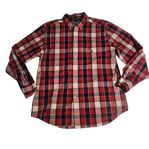 Nautica Plaid Shirt Red White And Blue Cotton Casual Preppy Mens Large
